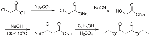 Diethyl malonate can be prepared by reacting the sodium salt of chloroacetic acid with sodium cyanide, followed by base hydrolysis of the resultant nitrile to give the sodium salt malonic acid
